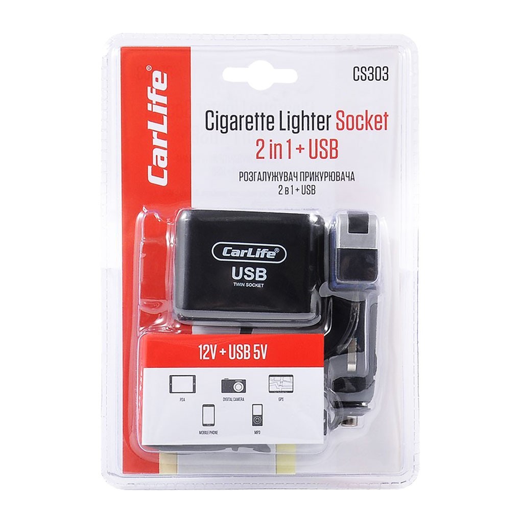 Разветвитель прикуривателя Carlife CS303 2в1 + USB