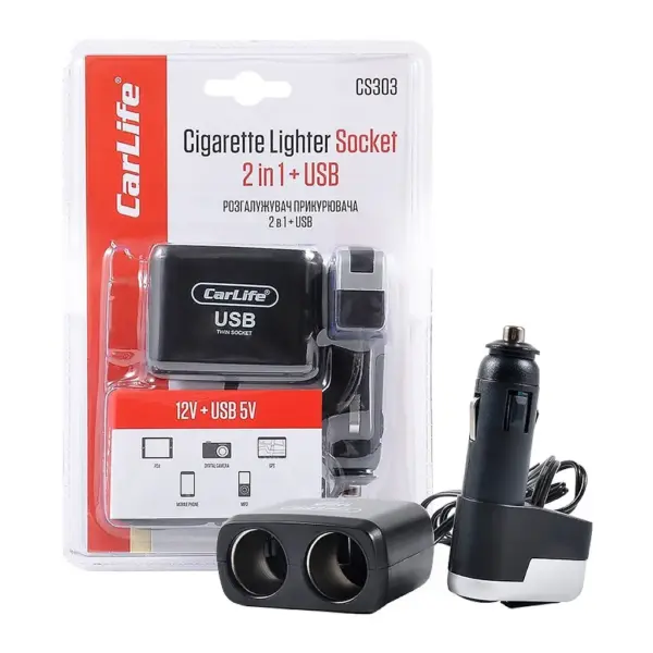 Розгалужувач прикурювача Carlife CS303 2в1 + USB