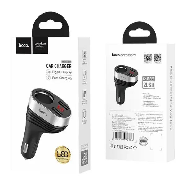 Зарядний пристрій для телефону в авто Hoco Z29 Regal з подвійним USB і дисплеєм
