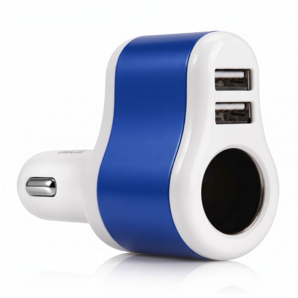 Автомобільний зарядний пристрій з гніздом прикурювача 2 USB синій, вигляд спереду