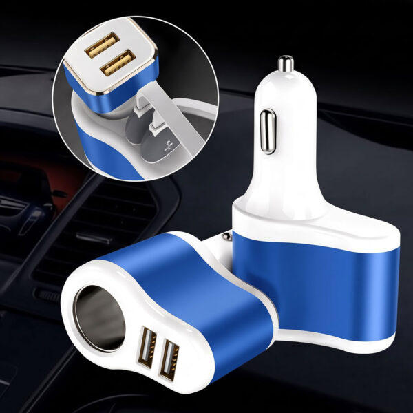Зарядний пристрій з гніздом прикурювача 2 USB синій у салоні автомобіля
