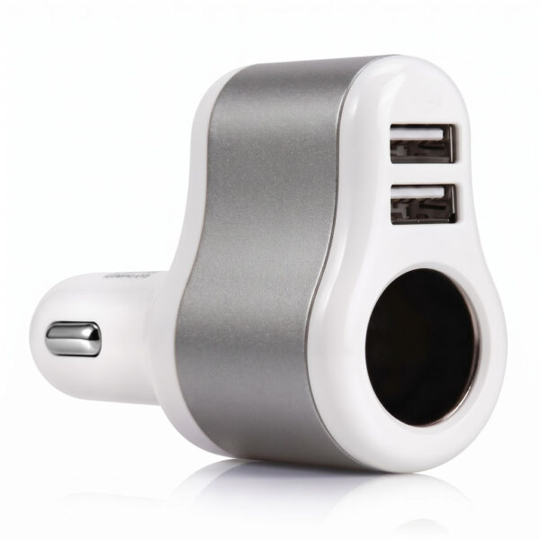 Автомобільна зарядка з розеткою прикурювача 2 USB сіра, вигляд спереду