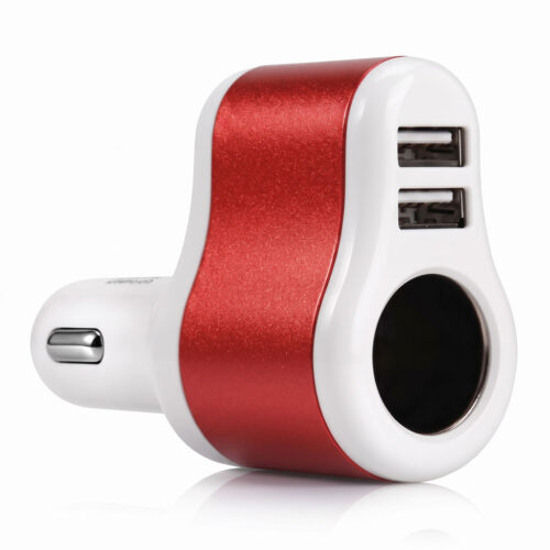 Розгалужувач прикурювача з USB червоний, вигляд спереду з двома портами