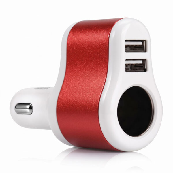 Розгалужувач прикурювача з USB червоний, вигляд спереду з двома портами