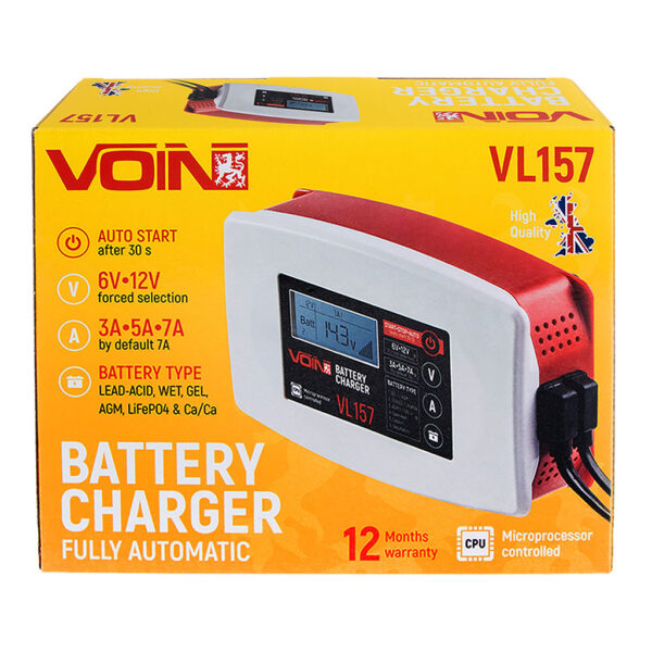 Упаковка зарядного пристрою VOIN VL-157 6V/12V 3A/5A/7A